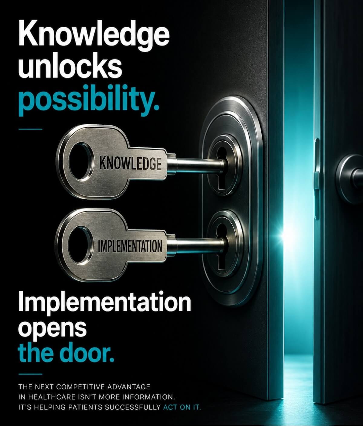 Two keys, labelled Knowledge and Implementation, turning in the locks of a door that opens onto teal light