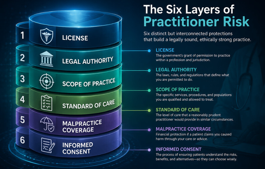 Diagram showing six layers of practitioner risk: license, legal authority, scope of practice, standard of care, malpractice coverage, and informed consent.