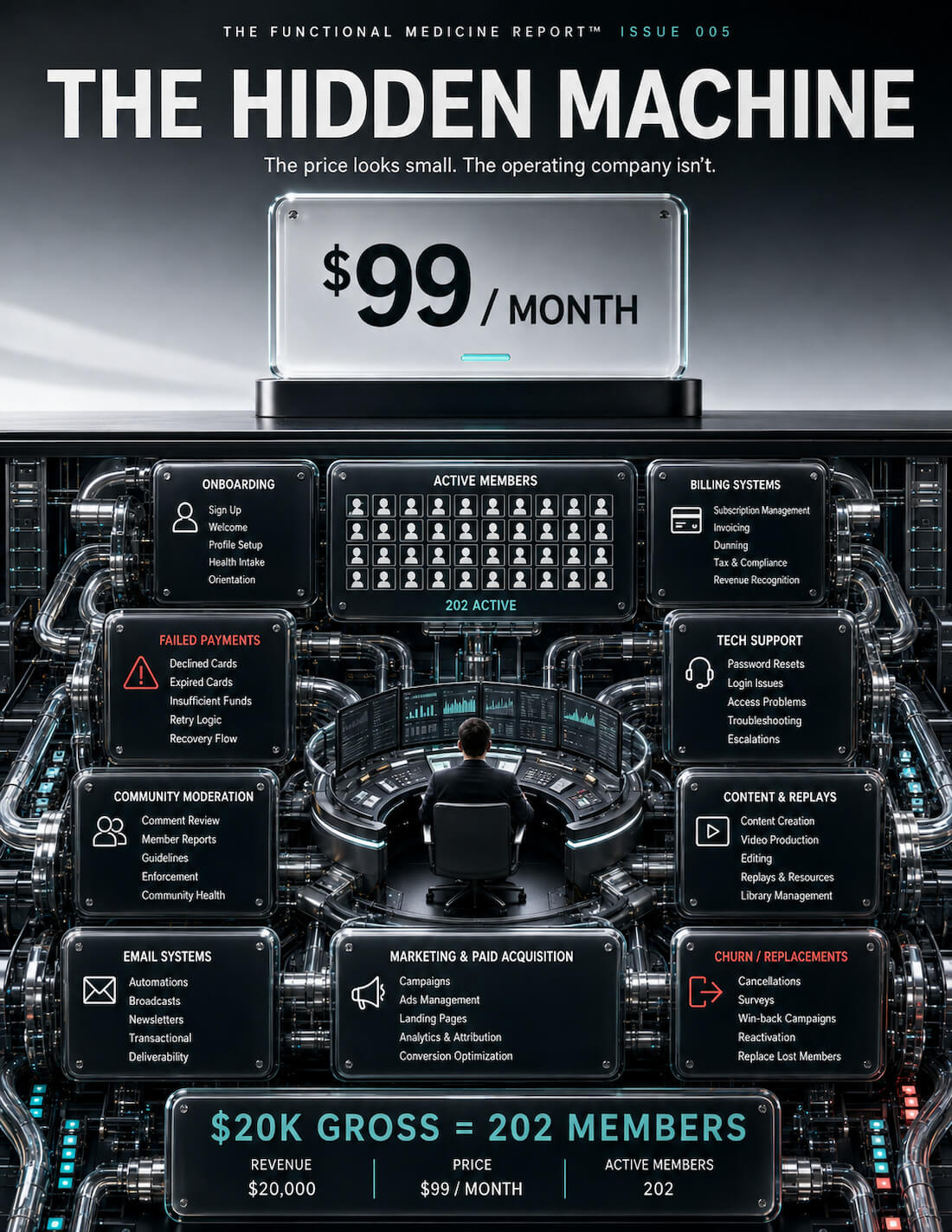 Illustration of a small $99-a-month sign atop a vast control room labelled with every system a membership requires.