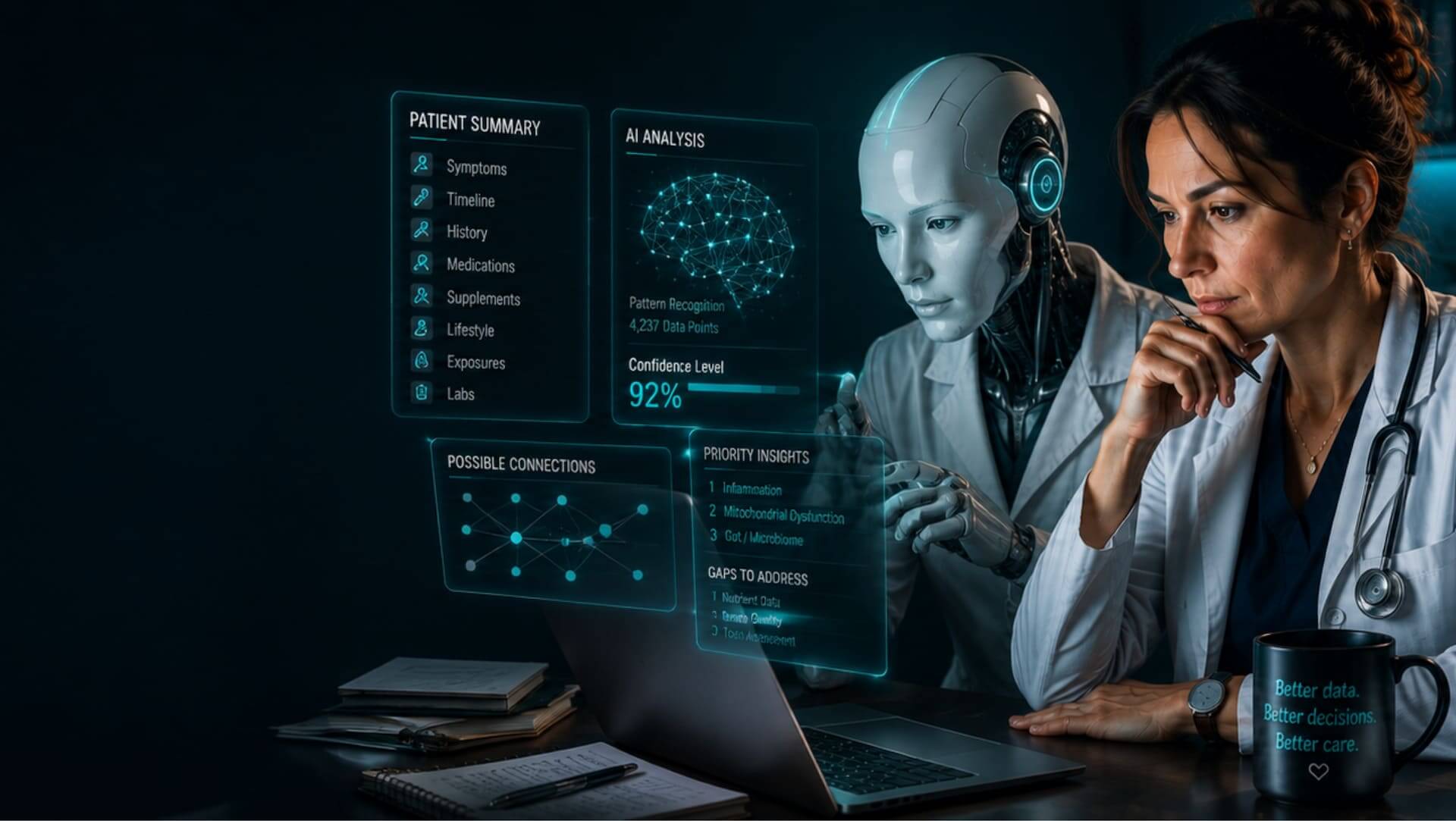A clinician reviewing a case beside an AI interface, with the clinician’s own assessment shown separately from the model’s