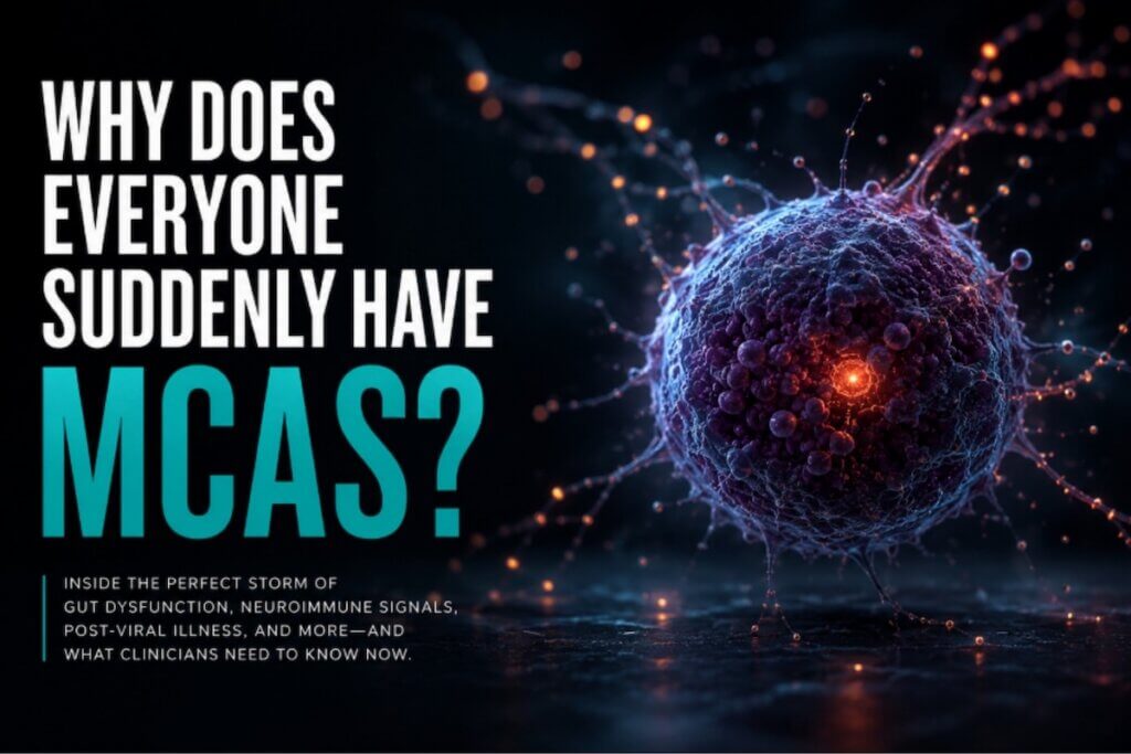 Illustration of an activated mast cell with a glowing core and branching filaments.