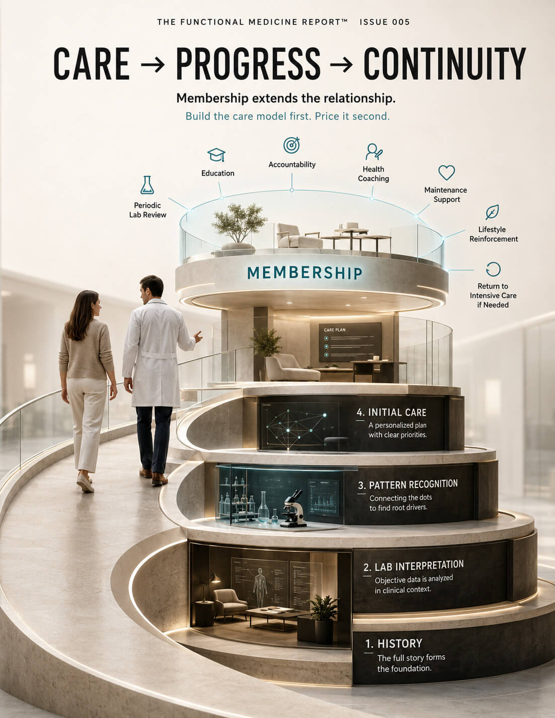 A clinician and patient ascend a four-tier care model — history, labs, patterns, initial care — with membership at the summit.
