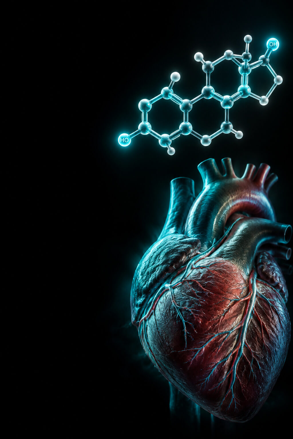 A luminous estradiol molecule branching into a coronary vascular network against black.