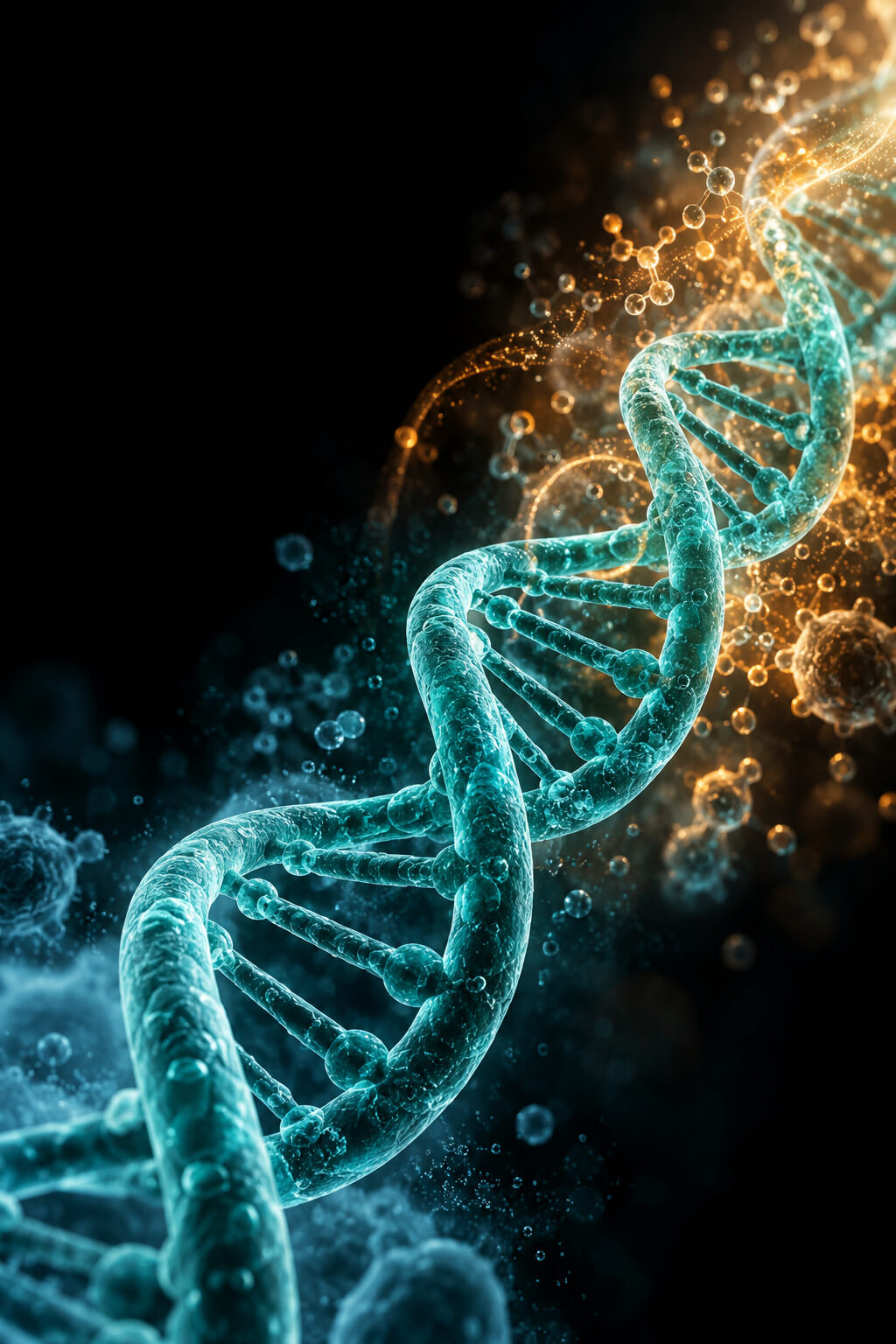 Editorial illustration of an intact DNA double helix passing through a biological environment that changes around it.
